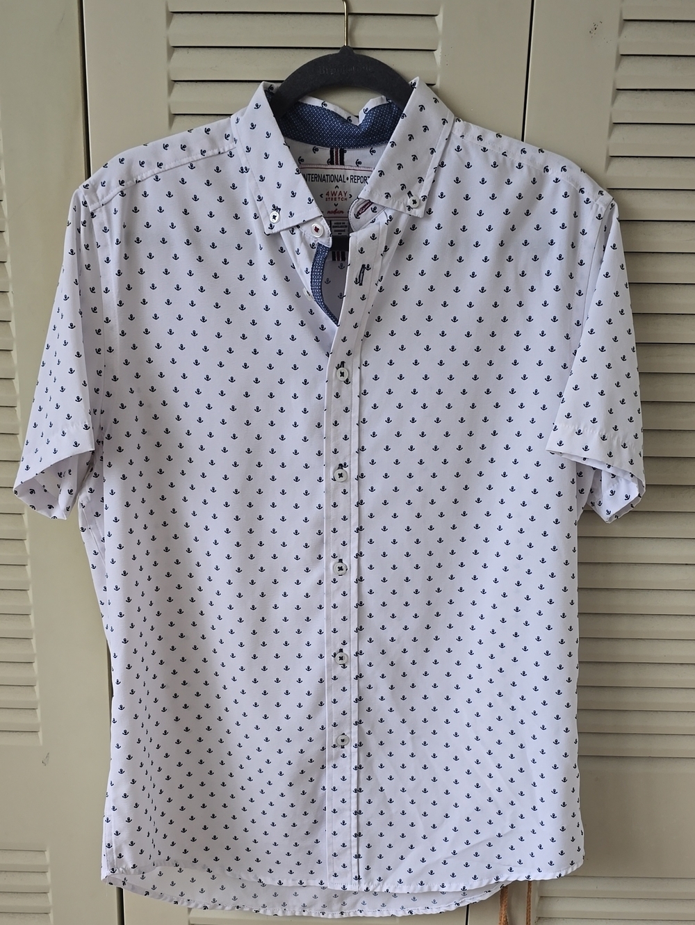 Short-Sleeve White Button-Down Shirt with Navy Anchor Print